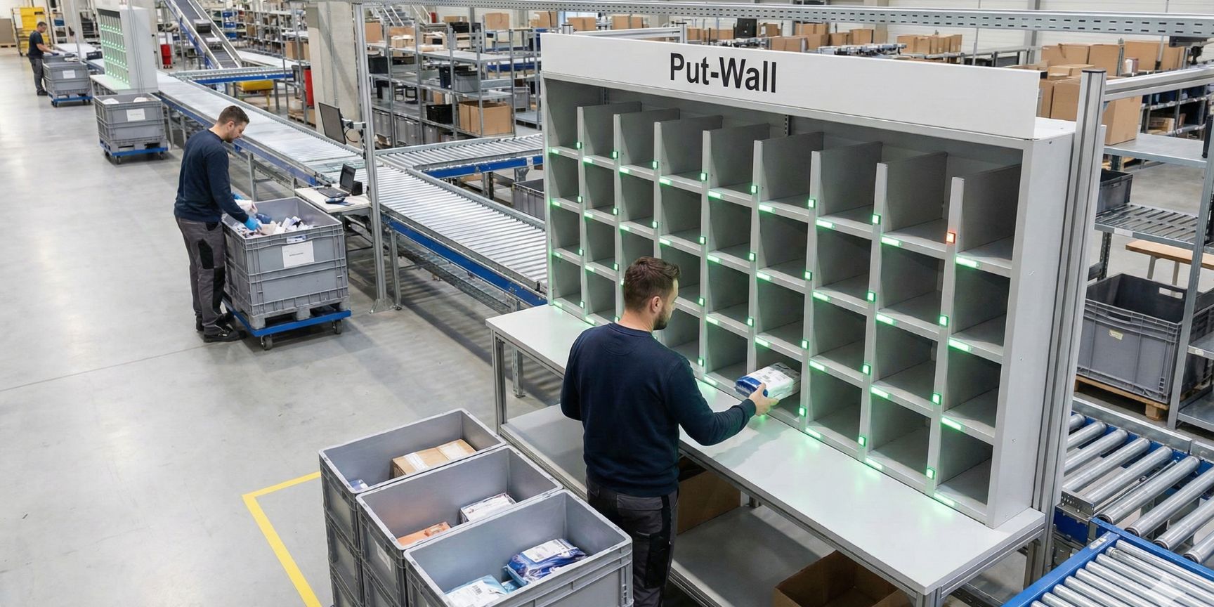 Process of batch picking and sorting in a fulfillment center. One employee collects items in a large container (background), while another employee distributes the collected items to individual orders on a light-controlled put wall (foreground)